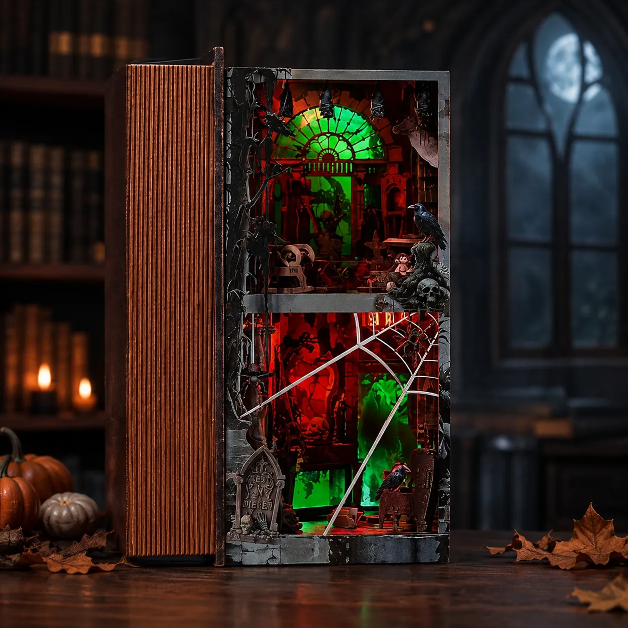Halloween Book Nook mit dunkler Bibliothek, grüner Beleuchtung und geheimnisvoller Gothic-Atmosphäre