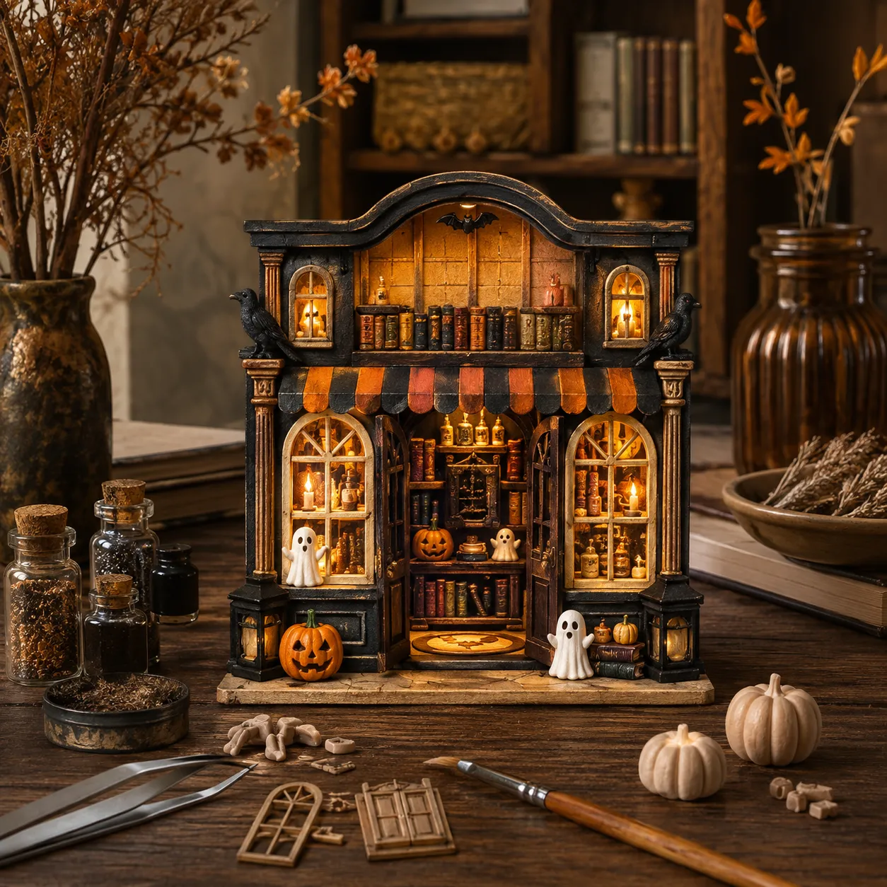Halloween Book Nook mit gemütlichem Hexencafé, Kürbissen, warmer Beleuchtung und magischer Miniaturwelt