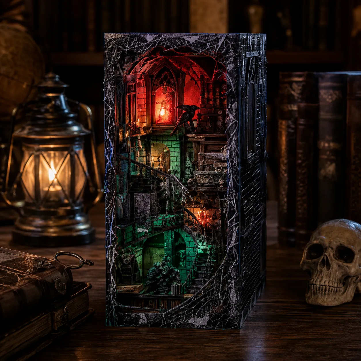 Dunkler Halloween Book Nook mit roter und grüner Beleuchtung, Gothic-Details und geheimnisvoller Atmosphäre
