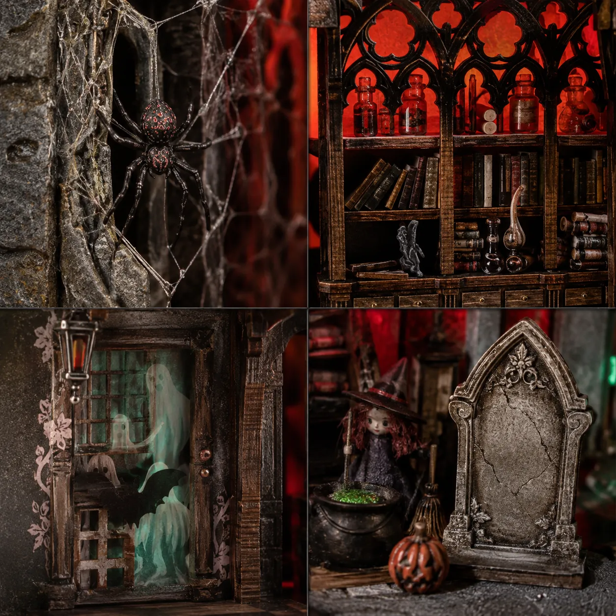 Halloween Book Nook mit magischen Details, Spinnennetzen, Tränken und kleiner Fantasy-Dekoration