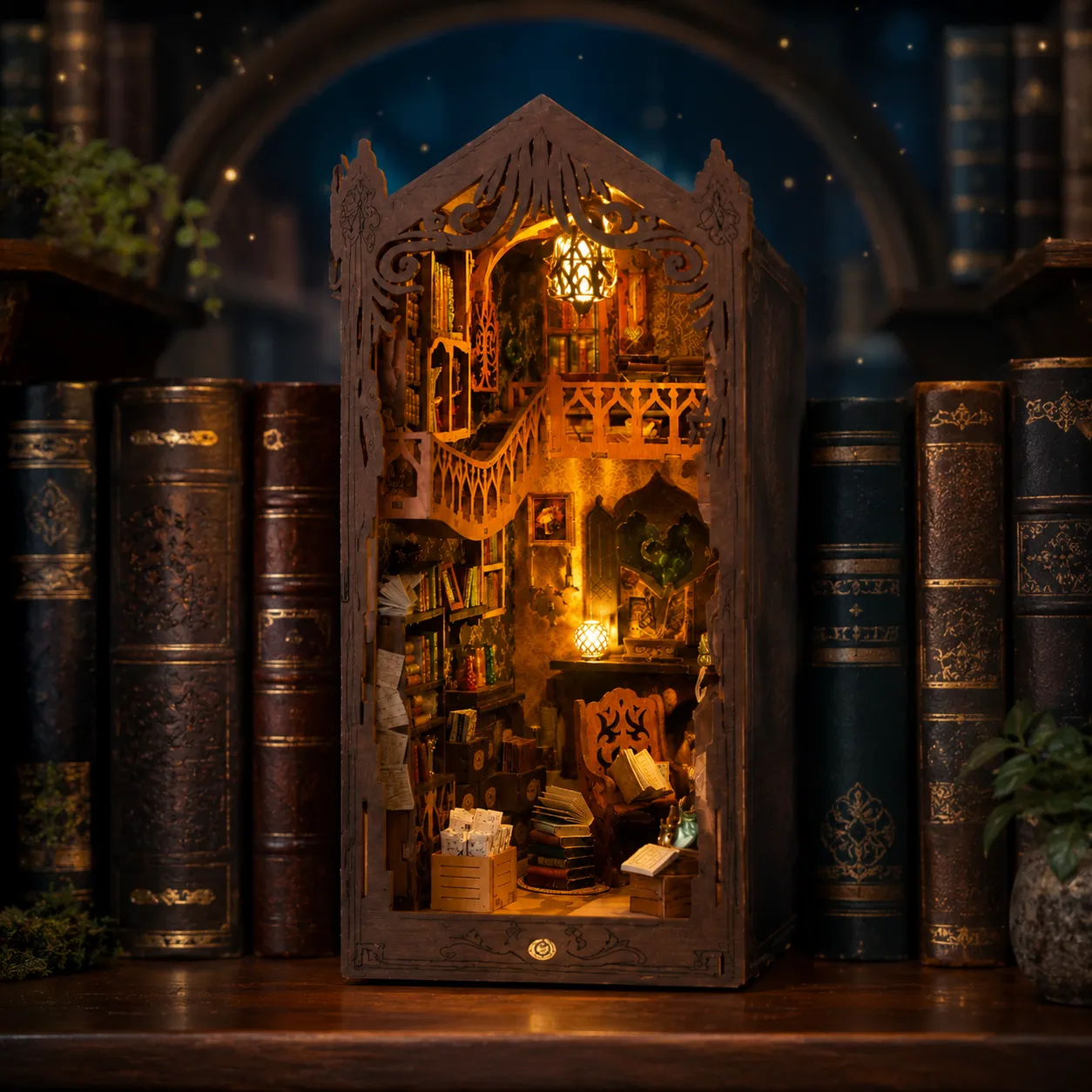 Magic Library Book Nook mit magischer Bibliothek, leuchtenden Regalen, Büchern und warmer Beleuchtung