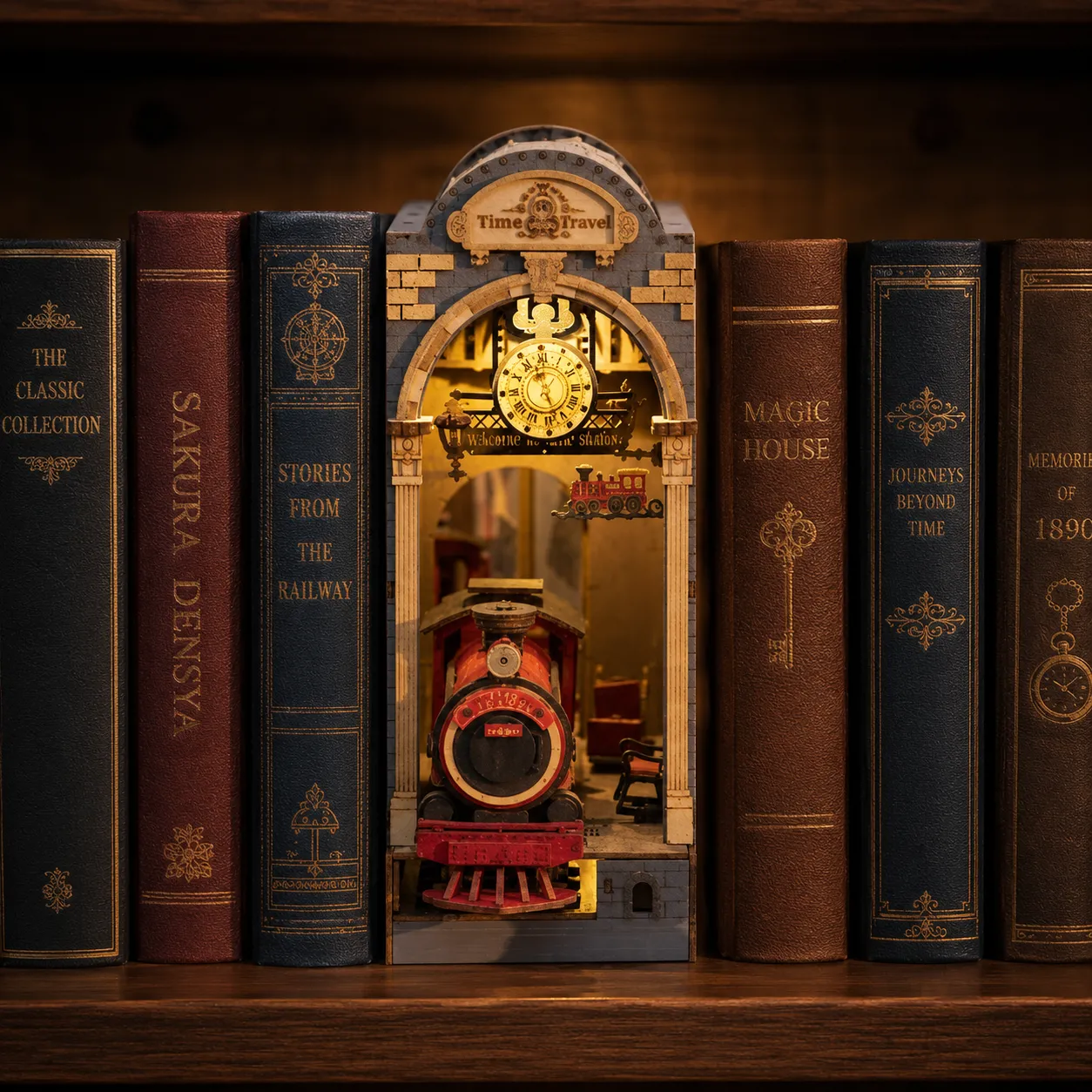 Train Book Nook mit roter Lokomotive, Bahnhofsuhr und beleuchteter Time-Travel-Station zwischen Büchern