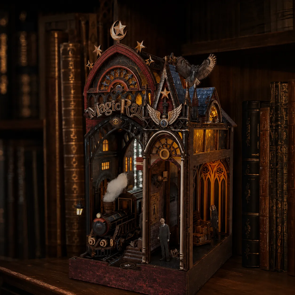Train Book Nook mit detailreicher Miniatur-Zugszene und warmer Beleuchtung