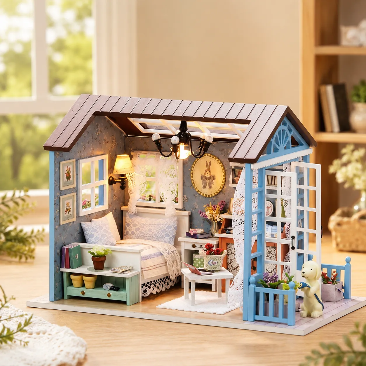 Miniatur-Puppenhaus-Einrichtung mit kleinen Möbeln, Zubehör und dekorativen Details