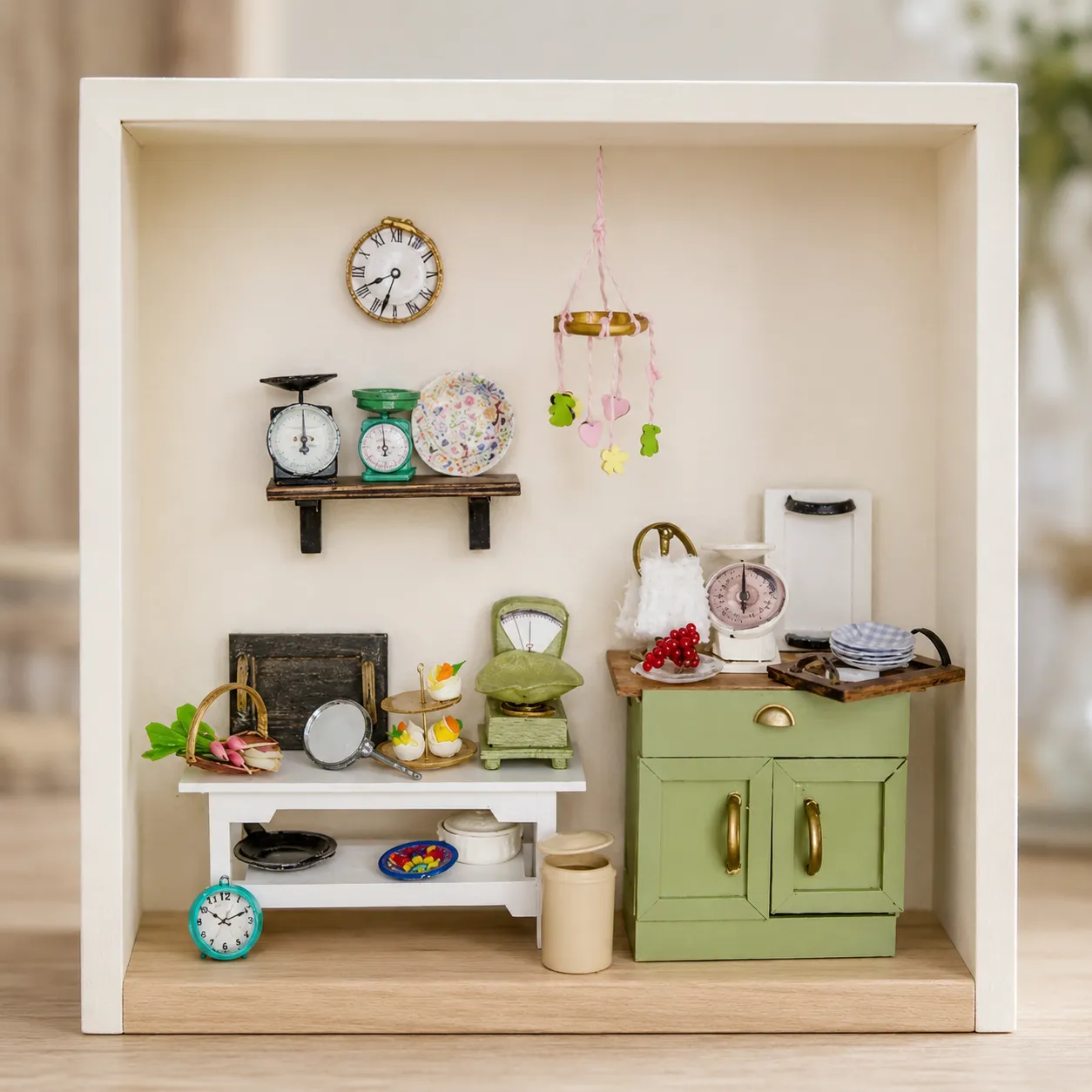 Miniatur-Puppenhaus-Küche mit Geschirr, Kochzubehör, Regalen und kleinen Dekorationen