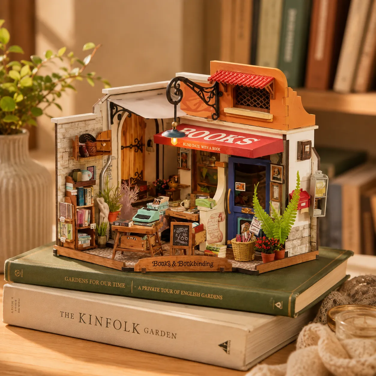 Book Nook Bausatz als kleiner Laden mit Miniaturmöbeln, Pflanzen und detailreicher Einrichtung