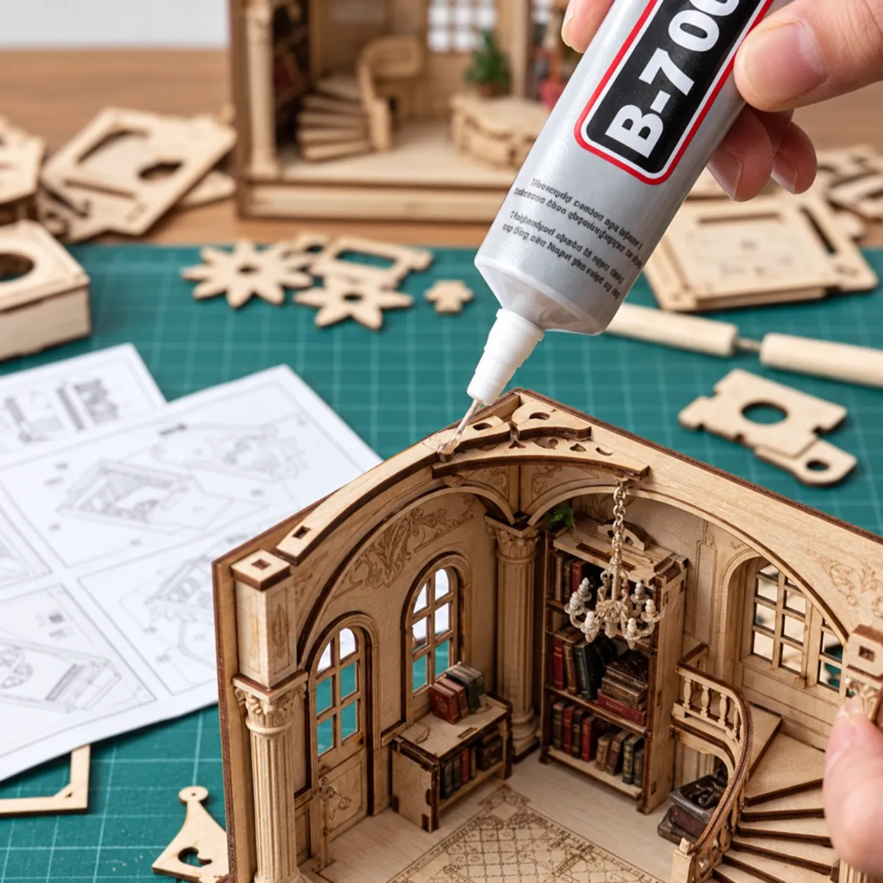 Book Nook Bausatz mit Kleber und Holzteilen beim Zusammenbauen von Miniaturen