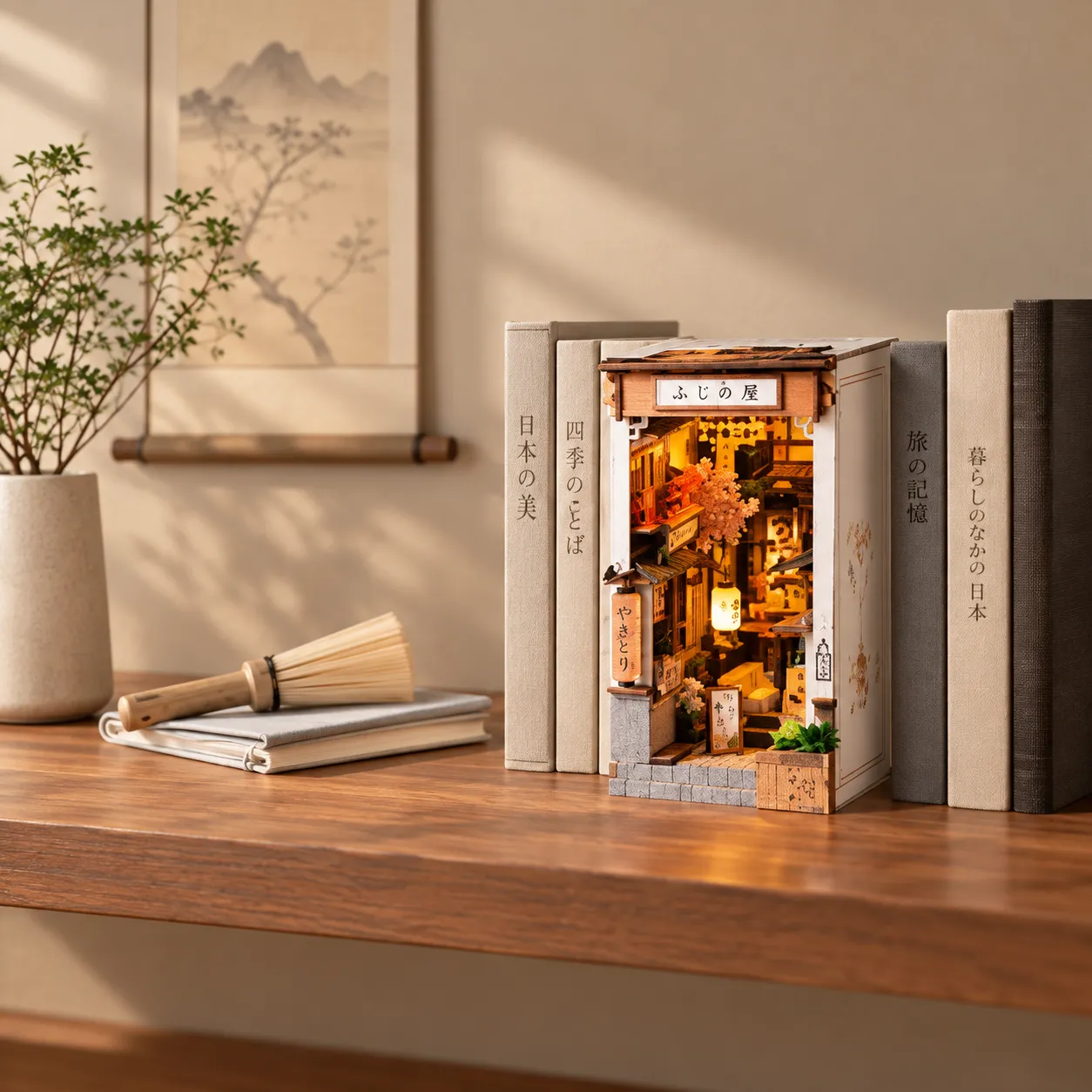 Book Nook Miniaturwelt zwischen Büchern im modernen Wohnzimmer mit warmer Beleuchtung
