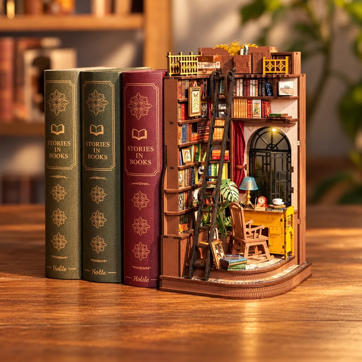 Bibliothek Book Nook mit detaillierter Miniaturwelt zwischen klassischen Büchern