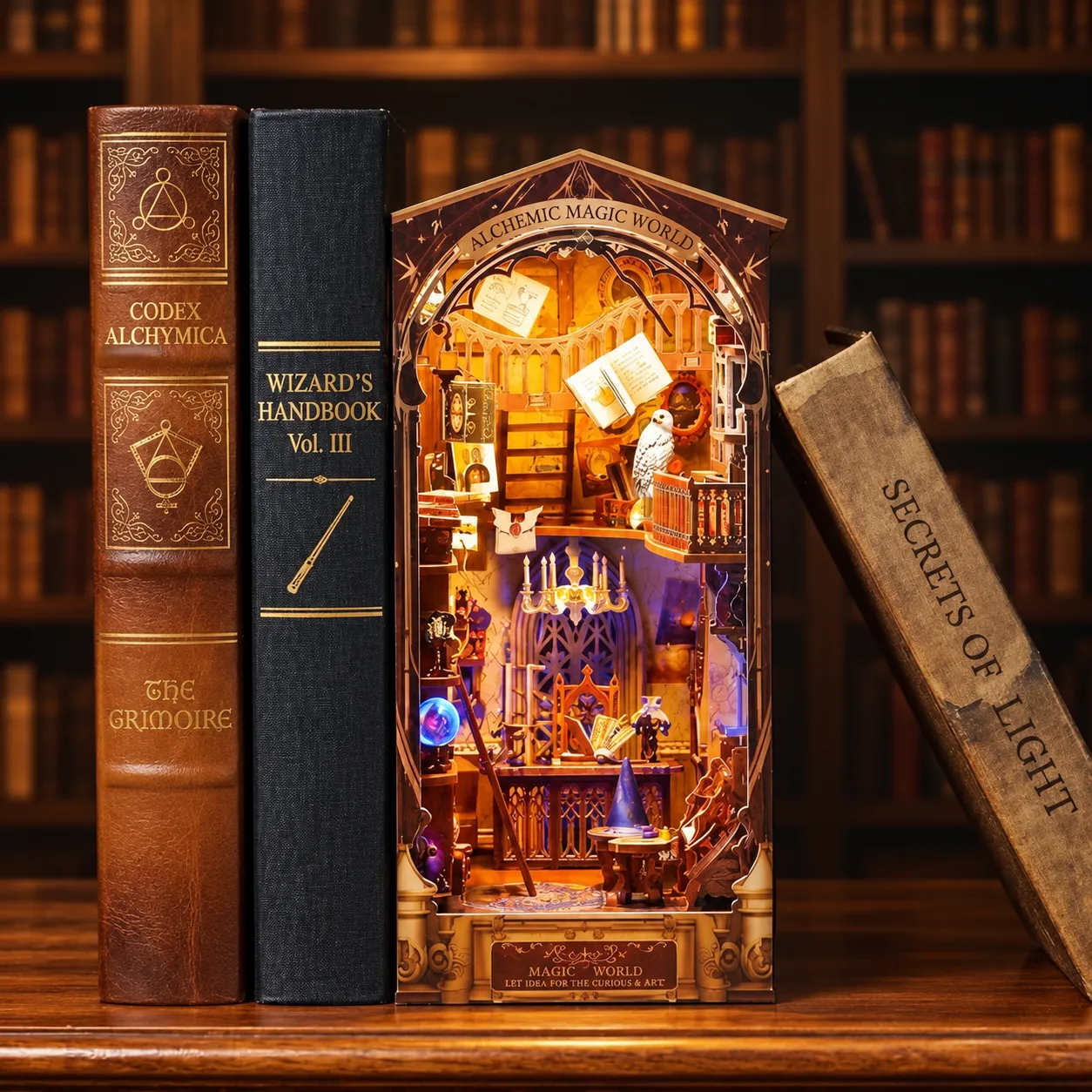 Magischer Book Nook mit warmer LED Beleuchtung und fantasievoller Miniaturszene