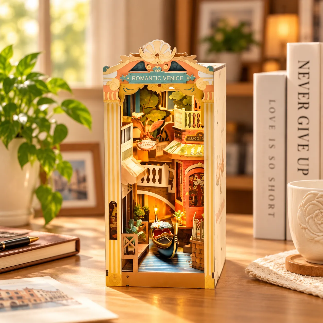 Book Nook Miniaturwelt zwischen Büchern im Wohnzimmer mit warmer Beleuchtung und detailreicher Einrichtung