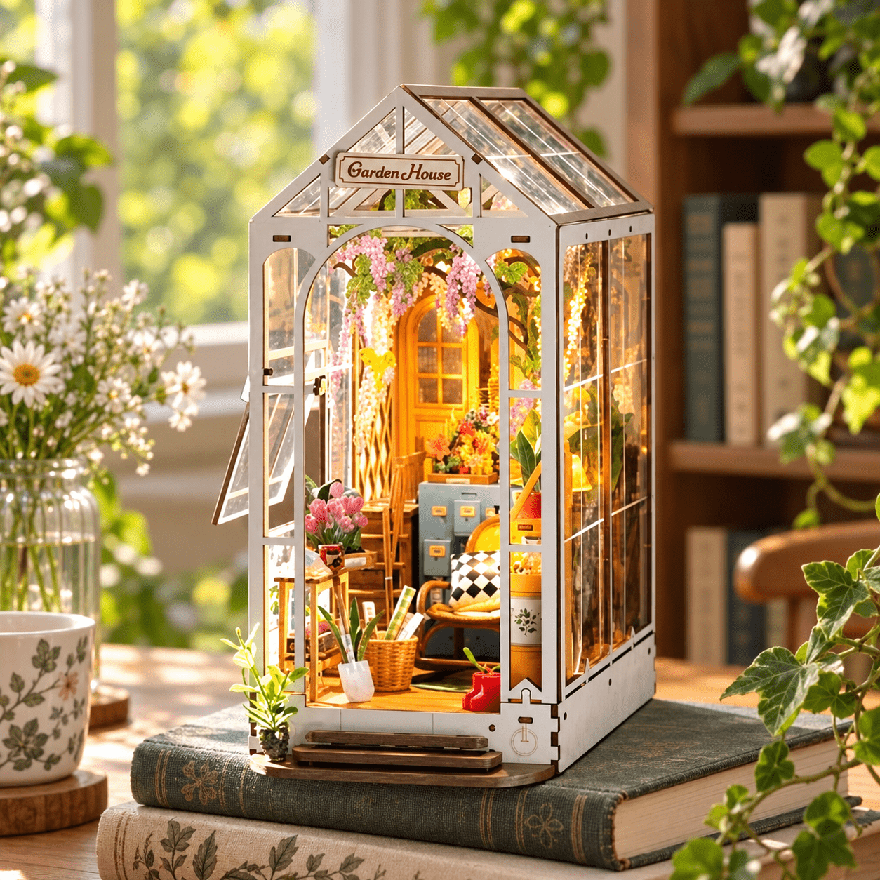 Miniaturstraße mit warmer Beleuchtung zwischen Büchern aufgestellt