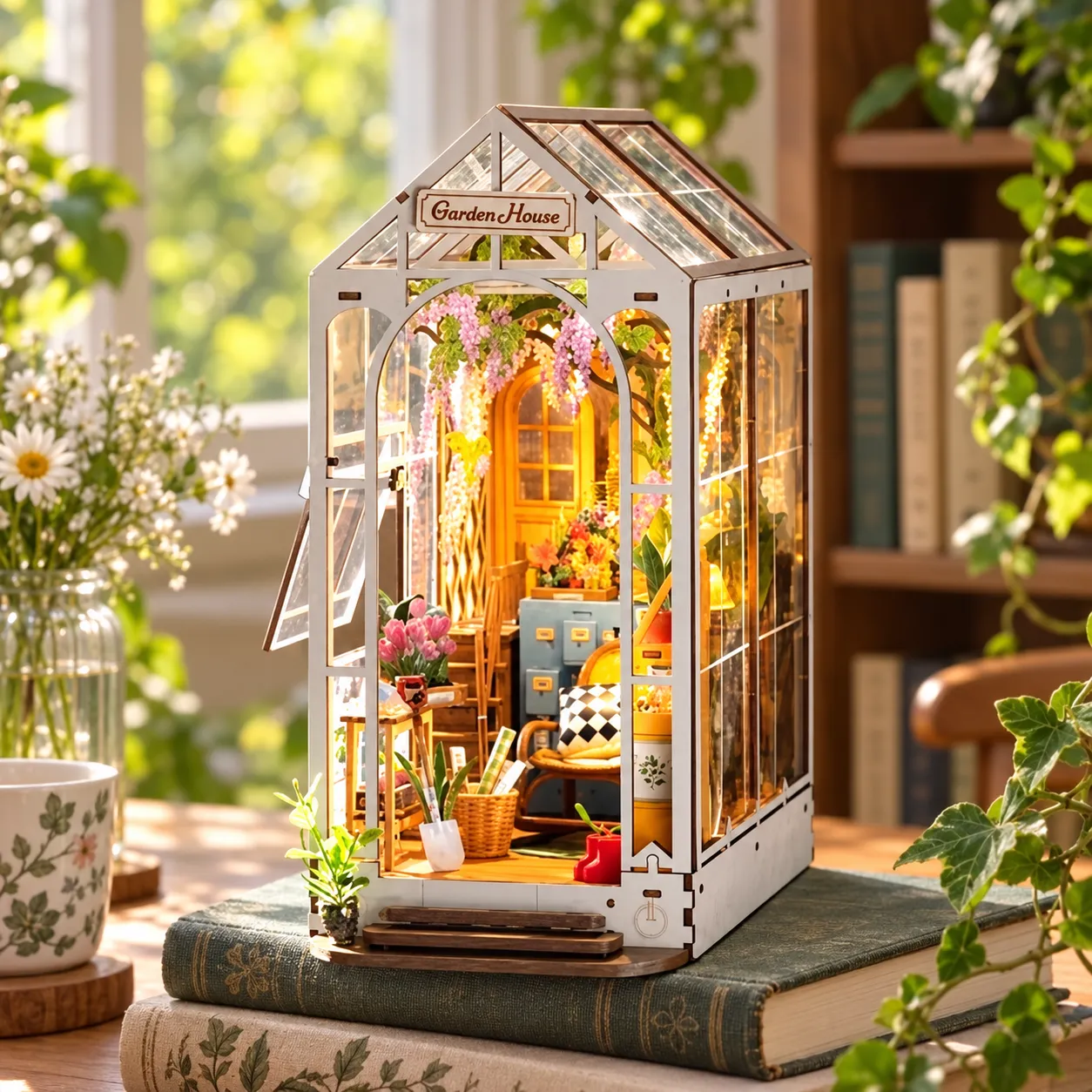 Book Nook mit warmer Beleuchtung und sauber zusammengesetzten Miniaturdetails