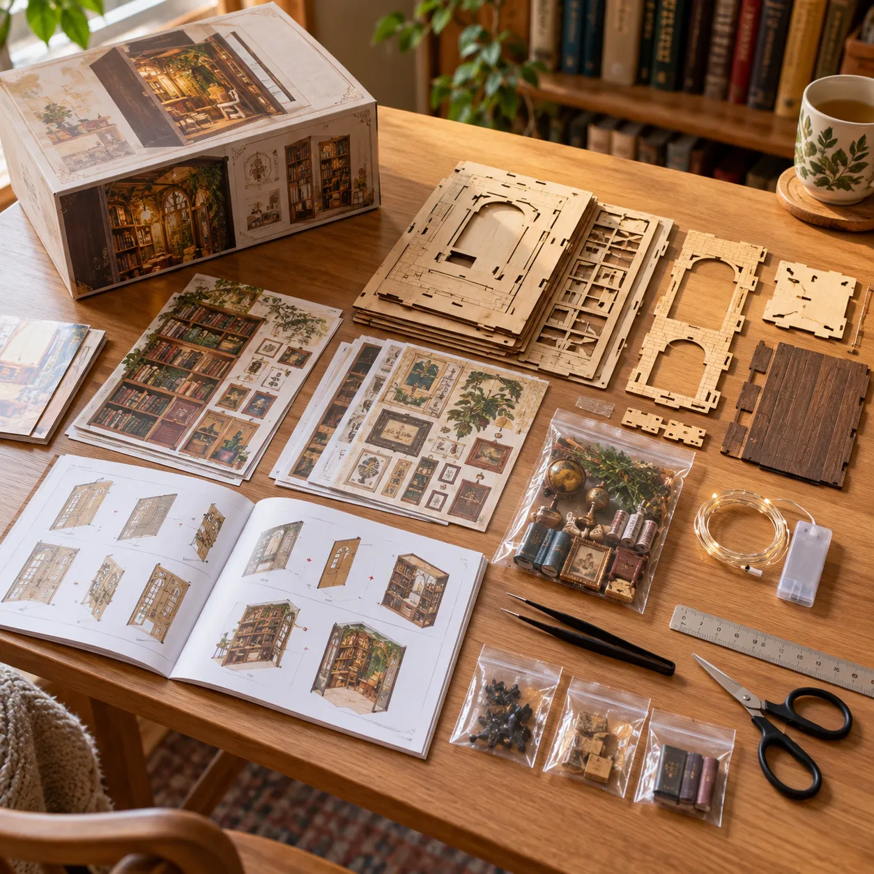 Book Nook Bausatz mit Holzplatten, Anleitung, Miniaturteilen und Werkzeugen vor dem Zusammenbau