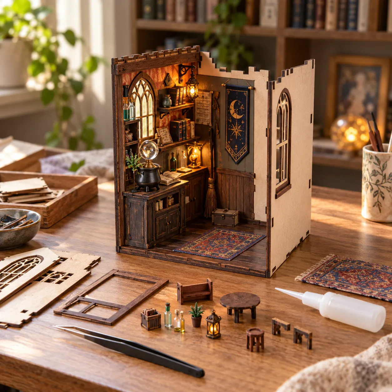 Teilweise aufgebauter Book Nook mit Holzwänden, Miniaturmöbeln und warmer Innenbeleuchtung