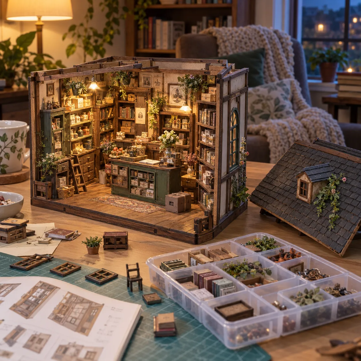 Detailreicher Book Nook während des Aufbaus mit Miniaturmöbeln, Zubehör und sortierten Bauteilen