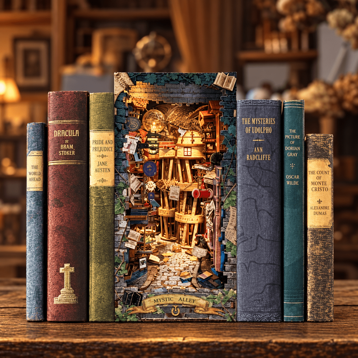 Fertig aufgebauter Book Nook zwischen Büchern mit warmer Beleuchtung und detailreicher Miniaturwelt