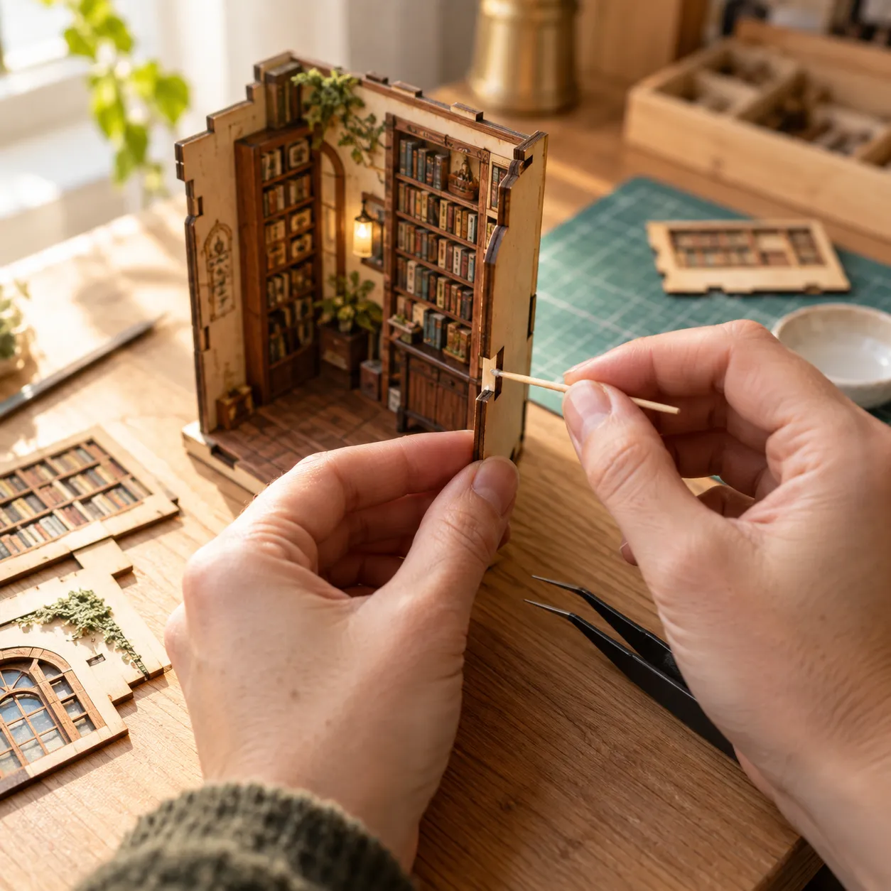 Hände beim Zusammenbau eines Book Nook mit Holzbauteilen und kleinen Miniaturdetails auf einem Basteltisch