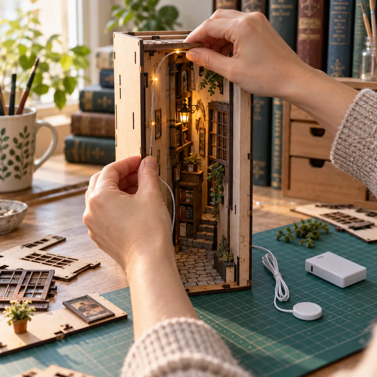 Hände beim Einbau der LED Beleuchtung in einen teilweise aufgebauten Book Nook auf einem Basteltisch