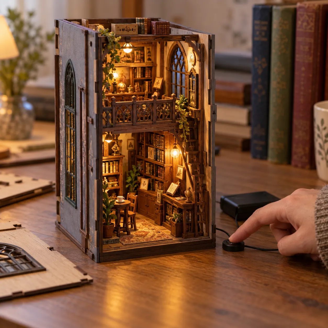 Fertig montierter Book Nook mit warmer Innenbeleuchtung beim abschließenden LED Funktionstest
