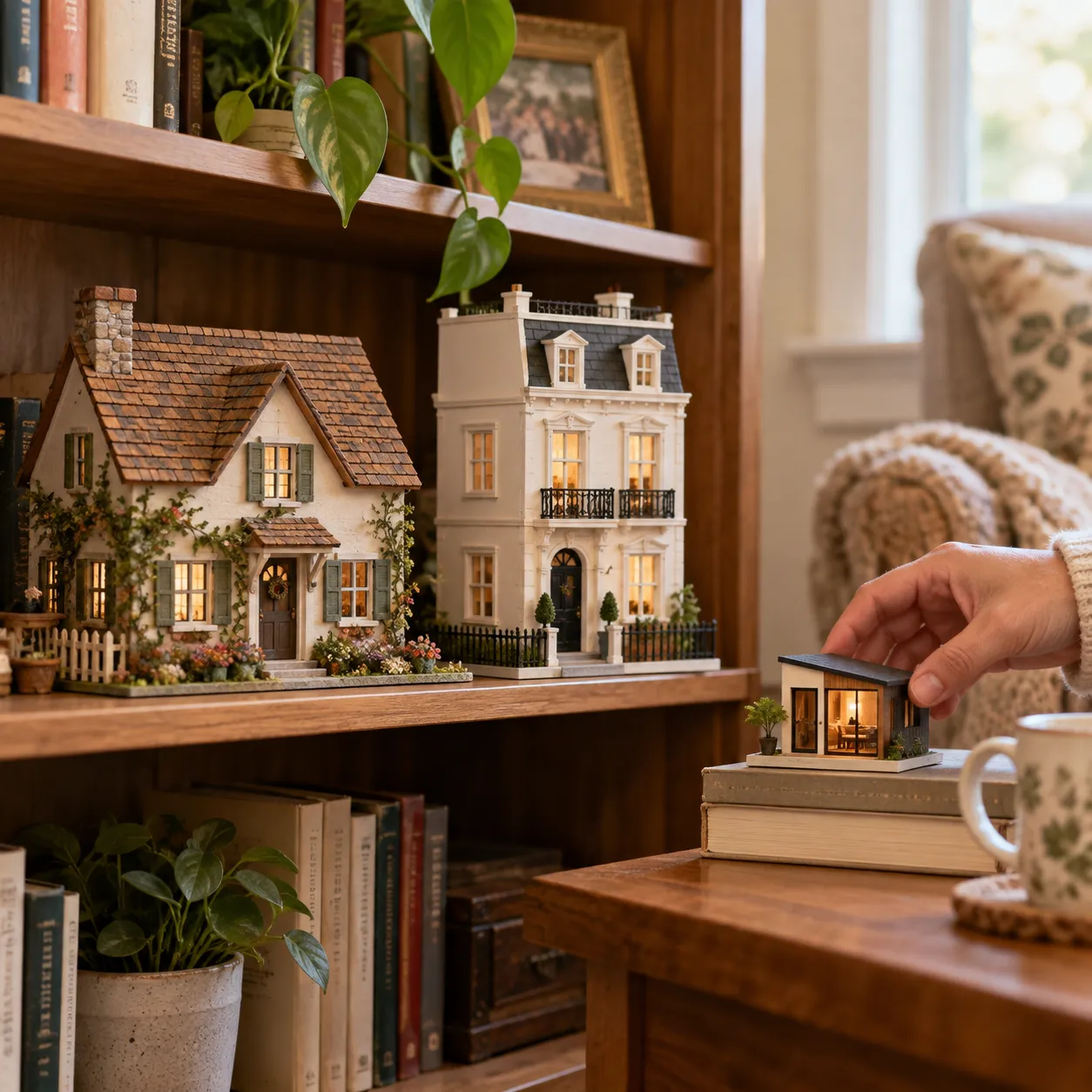 Miniatur-Puppenhaus selber bauen mit Hand beim Einsetzen kleiner Möbel und Dekorationen