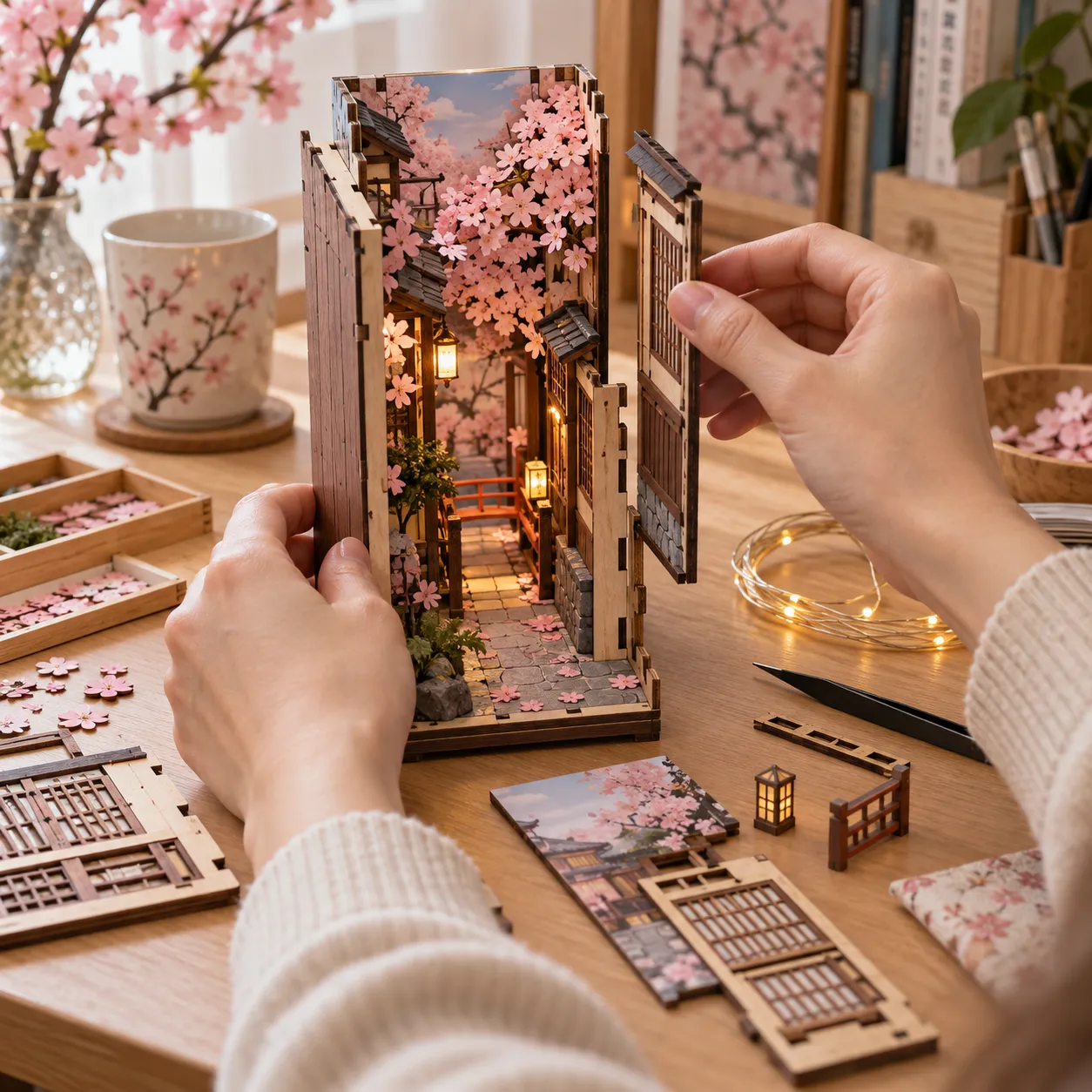 Sakura Book Nook DIY Aufbau mit Holzteilen, Kirschblüten-Dekoration und warmem LED-Licht