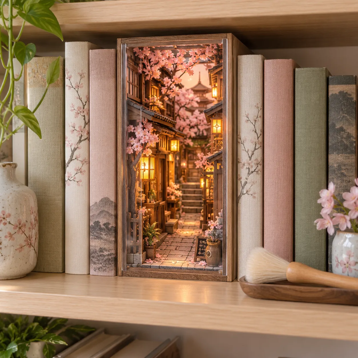 Sakura Book Nook mit japanischer Gasse, Kirschblüten und warmer Beleuchtung im Bücherregal