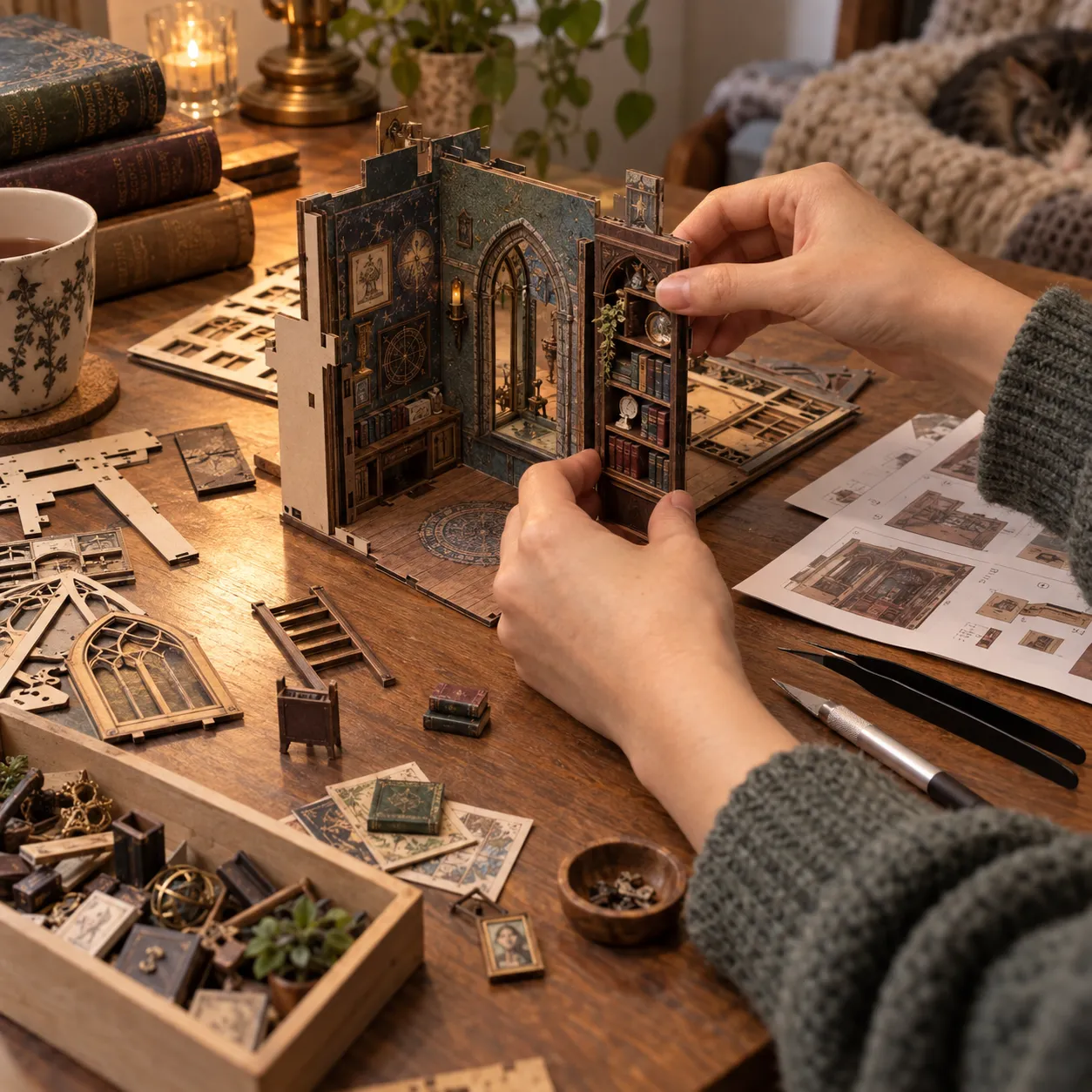 Beleuchteter Nature Book Nook auf einem gemütlichen Schreibtisch mit Büchern, Pflanzen und natürlichen Dekorationen