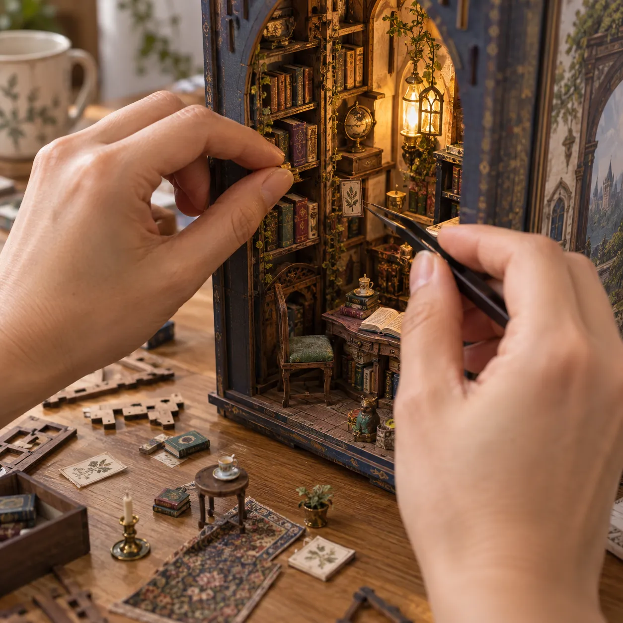 Hände setzen kleine Möbel und Pflanzendetails sorgfältig in einen Nature Book Nook ein