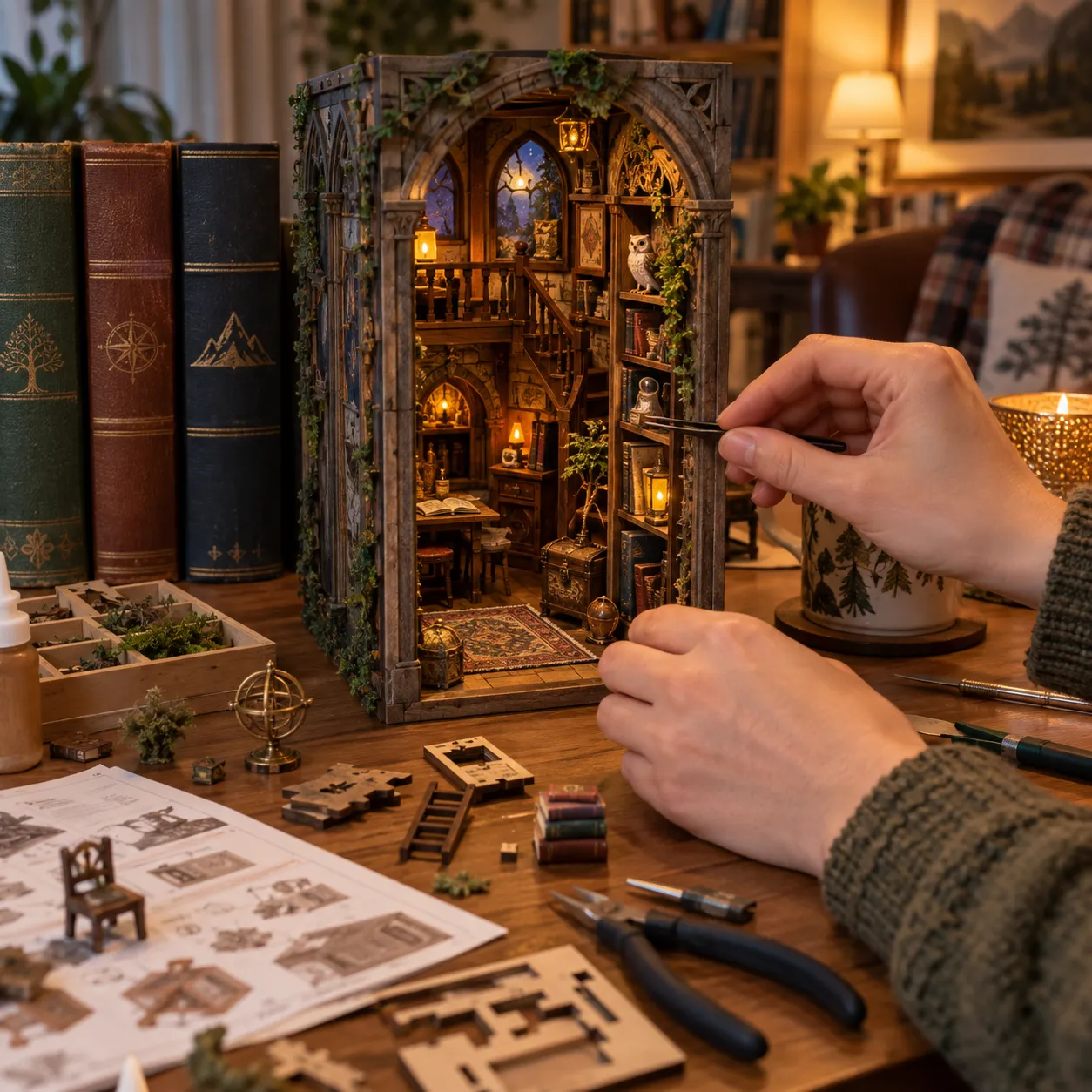 DIY Book Nook als kreative Geschenkidee für Bücherliebhaber beim Zusammenbauen einer beleuchteten Miniaturbibliothek
