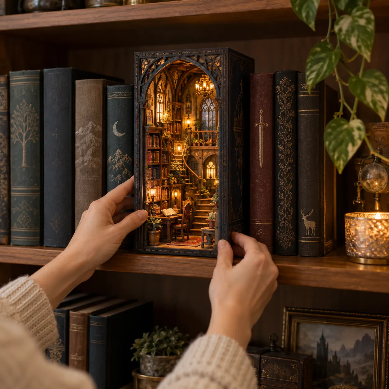 Fertig aufgebauter und beleuchteter Japanese Book Nook wird vorsichtig zwischen Bücher im Regal gestellt