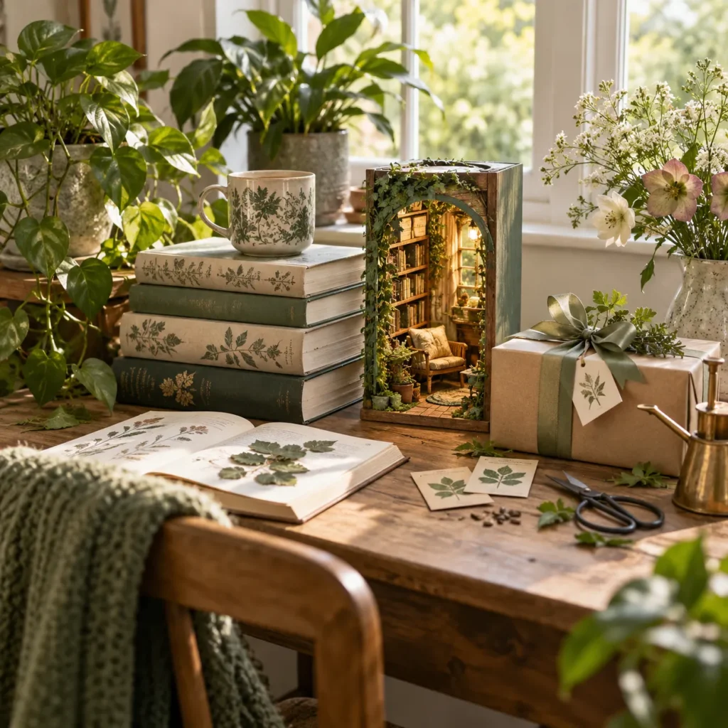 Beleuchteter Nature Book Nook auf einem gemütlichen Schreibtisch mit Büchern, Pflanzen und natürlichen Dekorationen
