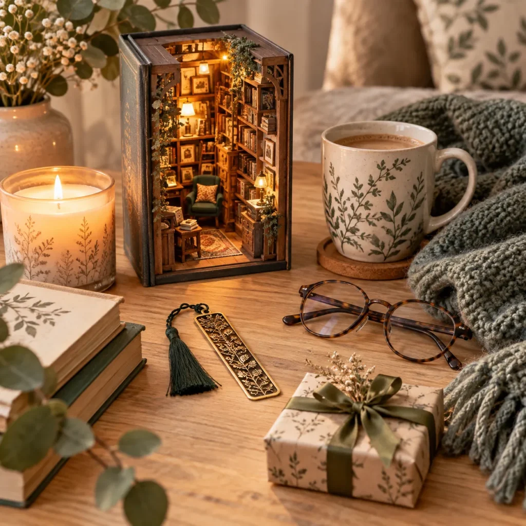 Book Nook als Weihnachtsgeschenk für Bücherliebhaber mit Büchern, Kerze, Tee und liebevoll verpacktem Geschenk