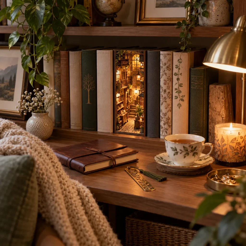 Beleuchteter Book Nook in einer gemütlichen Leseecke mit Büchern, Pflanzen, Tee und warmer Weihnachtsstimmung