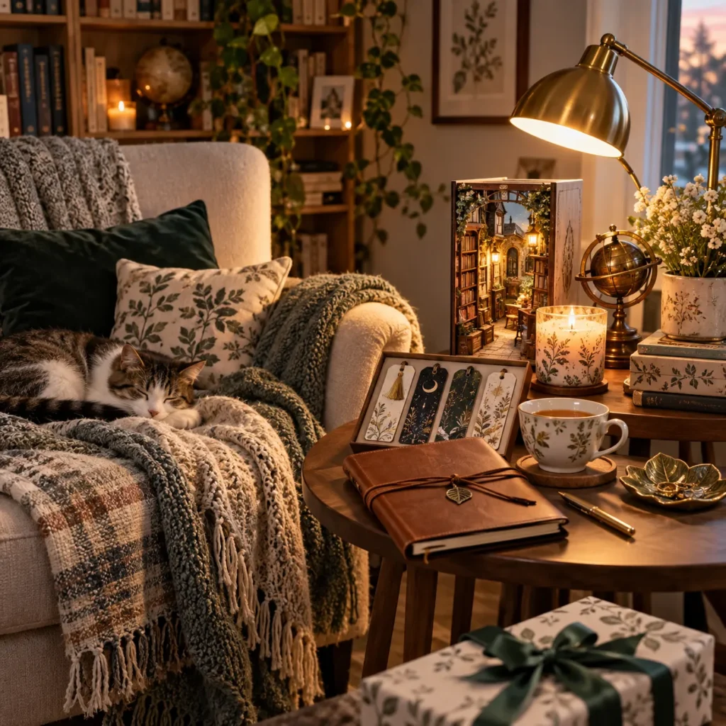 Gemütliche Leseecke mit beleuchtetem Book Nook im Bücherregal, Katze, Lesesessel und verpacktem Geschenk