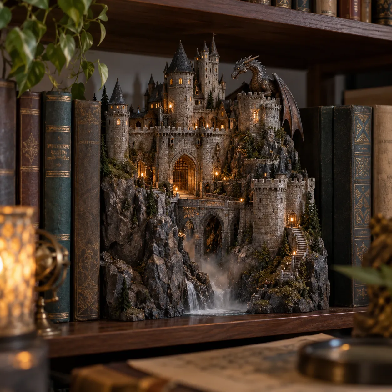 Detailreiche Fantasy Burg mit Drachen, beleuchteten Türmen und Felsen als Miniatur zwischen Büchern