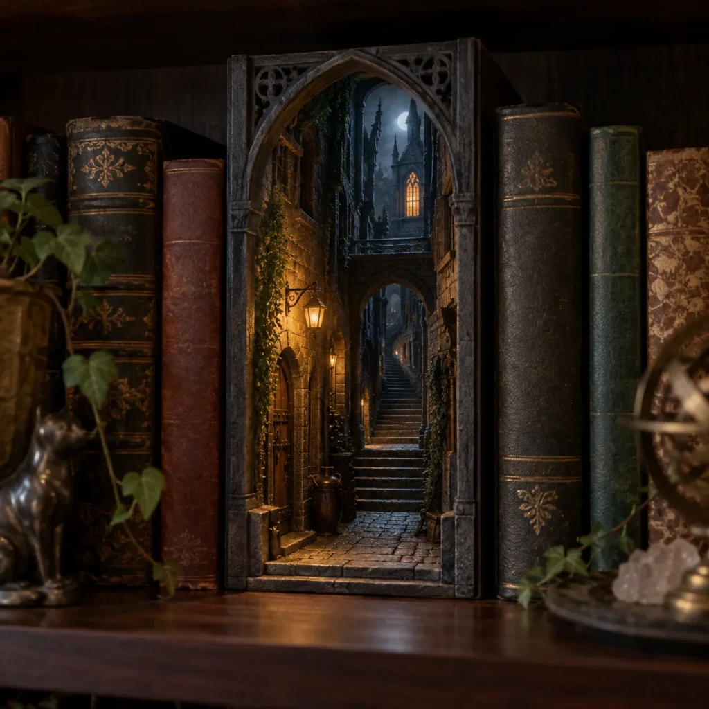 Beleuchteter Japanese Book Nook mit schmaler nächtlicher Gasse zwischen Büchern in einem gemütlichen Regal