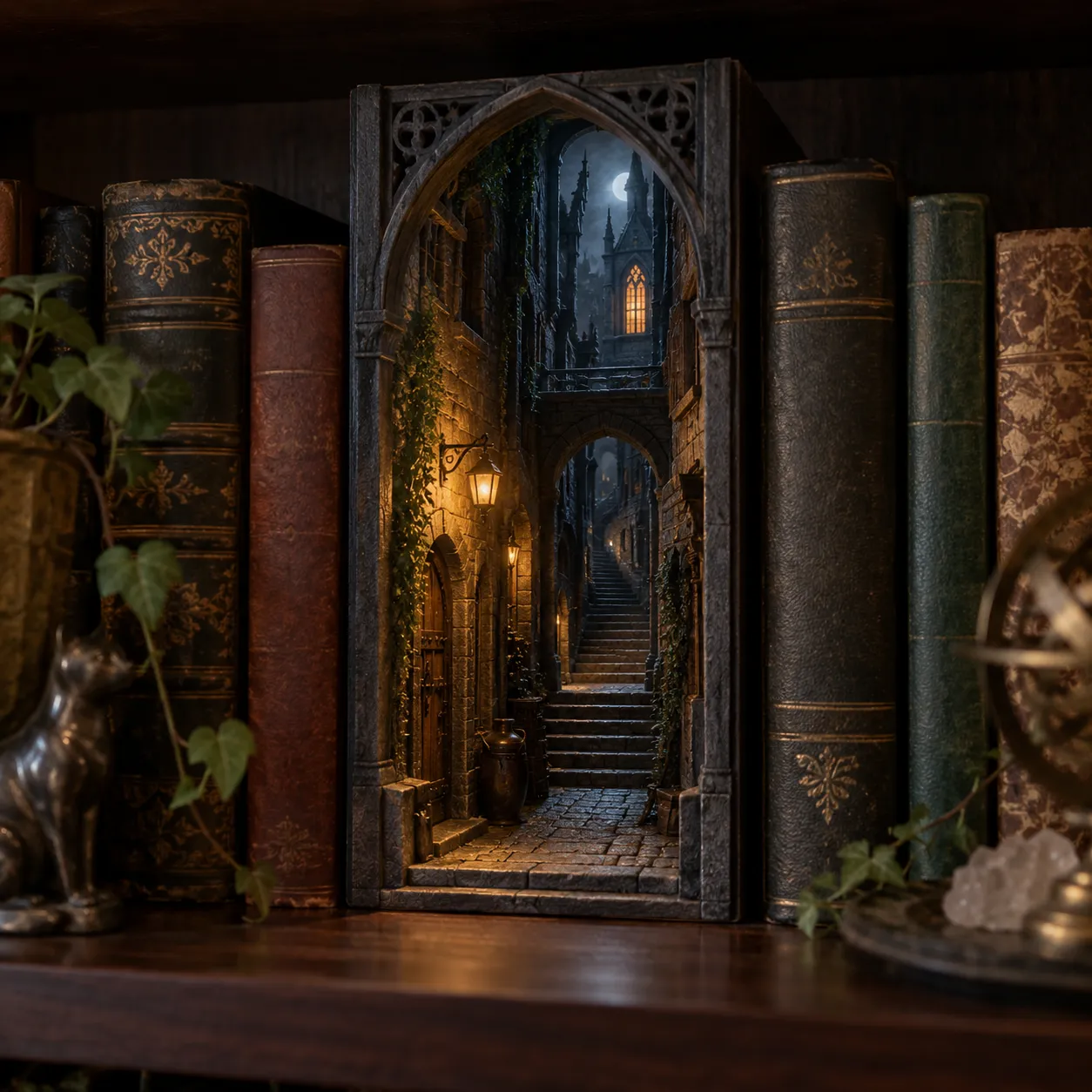 Dunkler Fantasy Book Nook mit gotischer Gasse, Steintreppen, Mondlicht und warmen Laternen