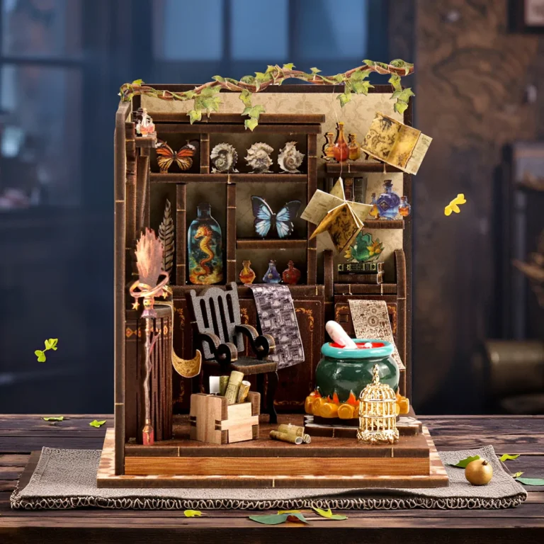 DIY Miniaturhaus einer magischen Zaubertrank-Werkstatt mit Holzregalen, Fläschchen, Büchern und kleinen Laborutensilien