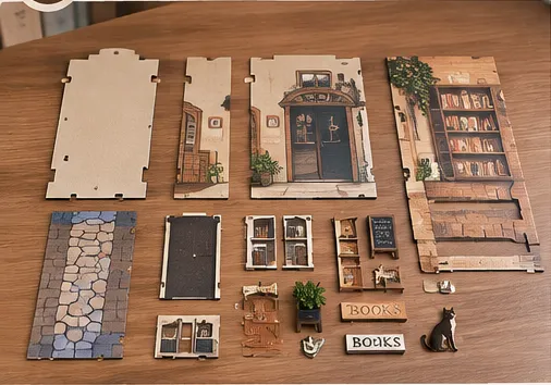 Ausgelegte Holzteile, Bücherregale und kleine Dekorationen eines Book-Nook-Bausatzes vor dem Zusammenbau