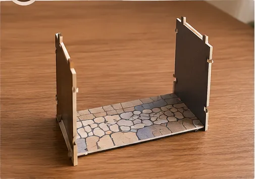 Montierter Boden eines Book Nooks mit zwei eingesetzten Seitenwänden während eines frühen Bauschritts