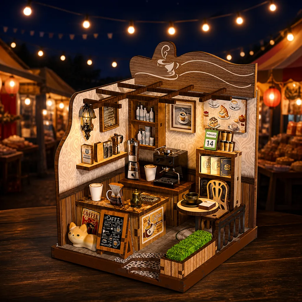 Country Café Book Nook auf einem stimmungsvoll beleuchteten Nachtmarkt