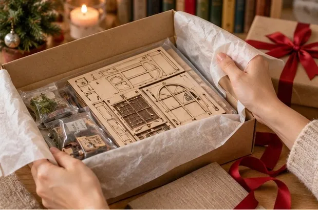 Geöffnete Verpackung eines DIY Book Nook Kits mit Holzplatten, Anleitung und sorgfältig verpackten Bauteilen
