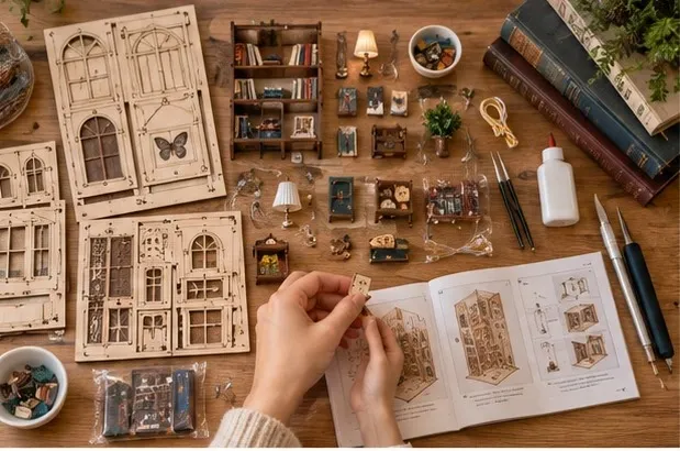 Kleine Book Nook Bauteile, Möbel und Dekorationen werden vor dem Zusammenbau auf dem Basteltisch sortiert