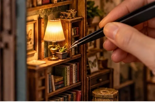 Miniaturmöbel und kleine Dekorationen werden mit einer Pinzette präzise in einem Book Nook eingesetzt