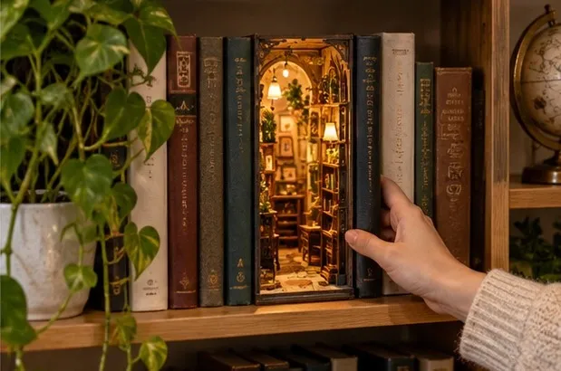 Fertig aufgebauter und beleuchteter Book Nook steht zwischen Büchern in einem gemütlichen Bücherregal