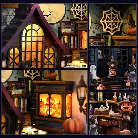 Halloween Book Nook beim Aufbau mit grüner LED-Beleuchtung, dunklen Details und Gothic-Miniaturwelt